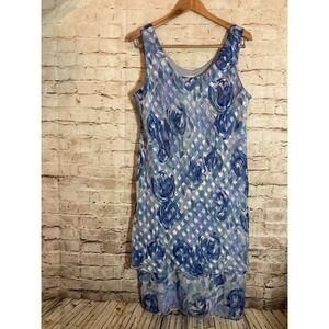 Vintage Patra Midi Dress Womens 18 Blue Glitter Ruffle Flowy Tiered Hem Floral